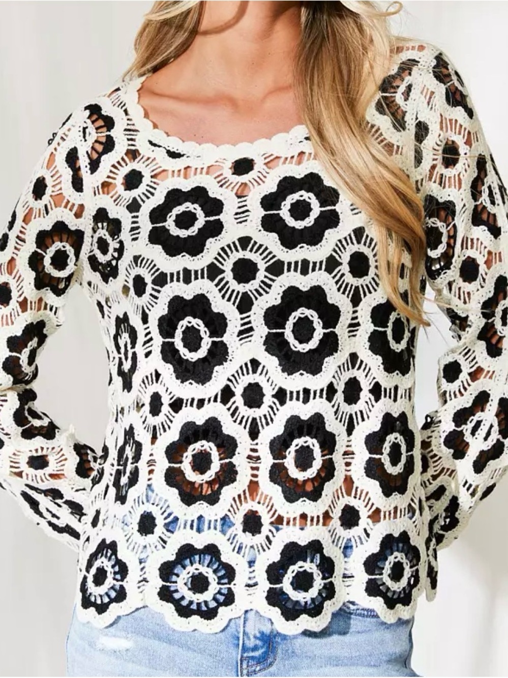 Adiva Black & White Crochet Floral Lace Long-Sleeve Top